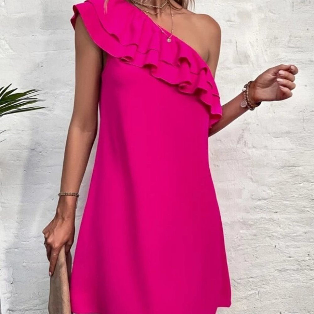 One Shoulder Ruffle Detail Tunic Mini Dress Vacation Hot Pink - Picture 6 of 8